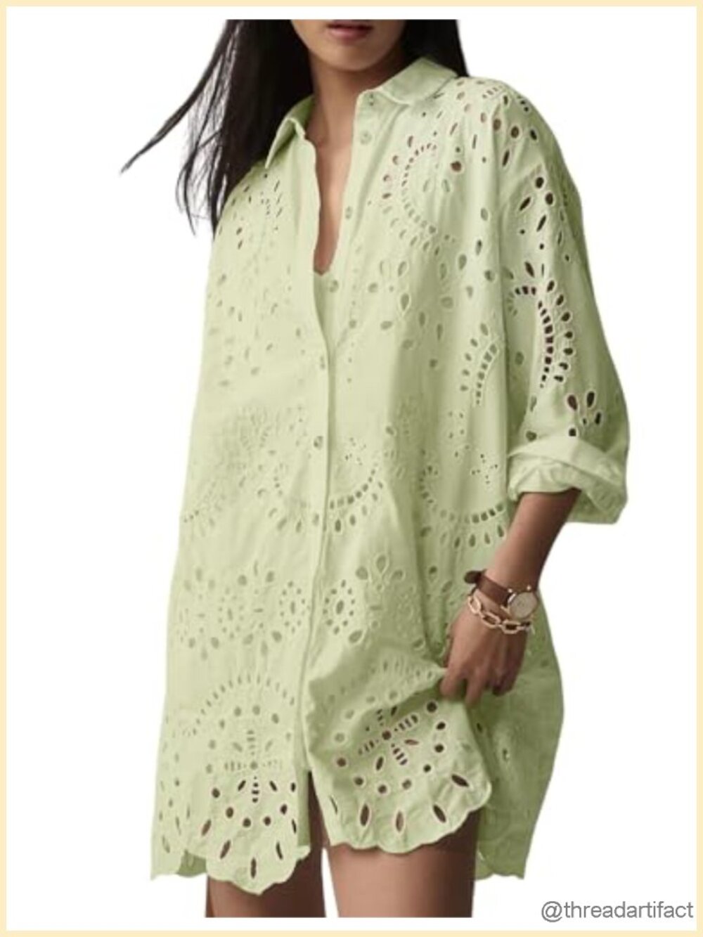 Women Eyelet Lace Dress Button Down Loose Fit Summer Casual Mini Dress
